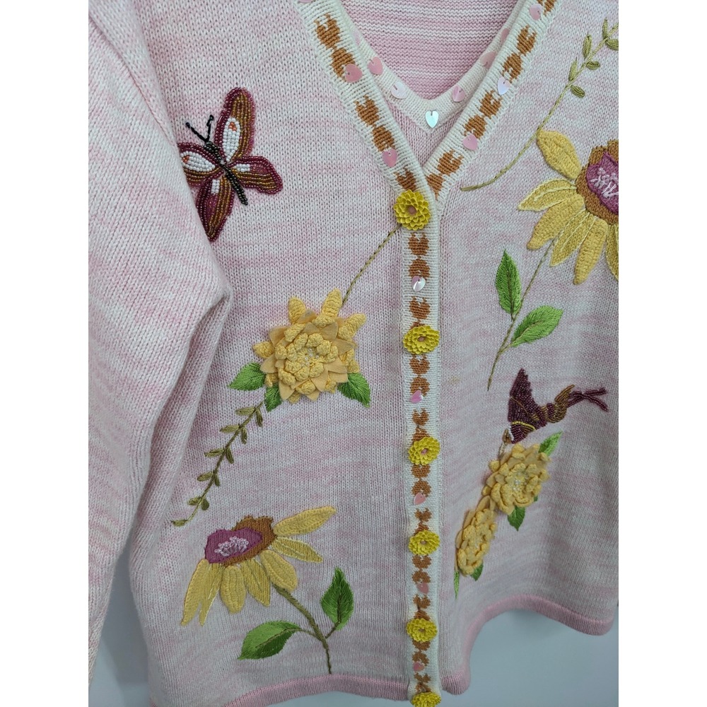 Storybook Knits Embroidered Cardigan Set Womens Medium Pink Butterfly Flower - Picture 2 of 11